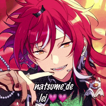 a picture of a red haired anime character with the name natsume de lei on it