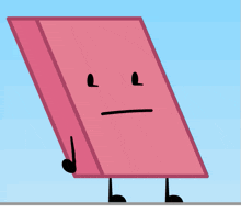 a cartoon drawing of a pink block with a face and legs
