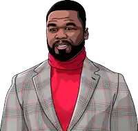 a man with a beard wearing a plaid jacket and red turtleneck