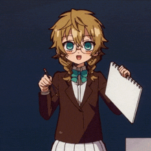 a girl with blonde hair is holding a notebook and a pencil