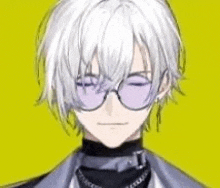 a close up of a person wearing glasses and a necklace .