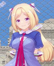 a girl with blonde hair and purple eyes is behind a chain link fence