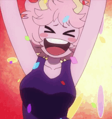 a cartoon girl with pink hair is laughing with her eyes closed and her arms in the air
