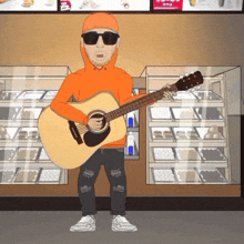 a cartoon of a man playing a guitar in a store