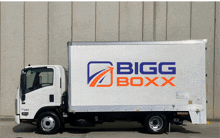 a white bigg boxx truck is parked in front of a wall