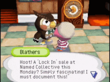 a video game character named blathers is talking to a little girl