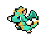 a pixel art drawing of a turquoise and yellow dragon