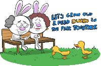 a cartoon of two rabbits sitting on a bench with the words let 's grow old and feed ducks in the park together below them