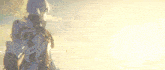 a man in armor is standing in front of a sun shining through the clouds