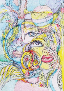 a colorful drawing of a woman 's face with a cat behind her