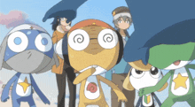 a group of cartoon characters are standing next to each other and one of them has a swirl in his eye
