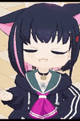 a cartoon girl with a cat ear is making a sad face