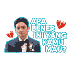 a sticker of a man in a suit with the words apa bener ini yang kamu mau on it
