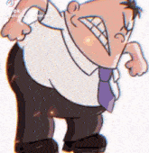 a cartoon man in a white shirt and tie is standing with his hands in his pockets and making a funny face .