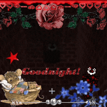 a mouse is sitting in a basket with the words goodnight written on it