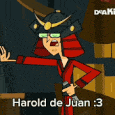 a cartoon character is wearing a samurai helmet and holding a sword with the words harold de juan 3 below him