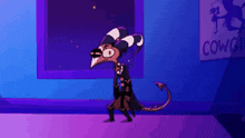 a cartoon character is standing in front of a window with a purple background .