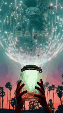 a person is holding a jar with a green light coming out of it