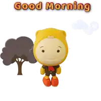 a cartoon character says good morning in front of a tree