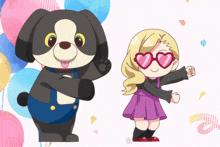 a little girl wearing heart shaped glasses stands next to a dog