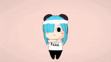 a cartoon character with blue hair wearing a shirt that says fifi