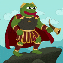 a cartoon of a frog wearing armor and holding a horn with the letter az on his chest