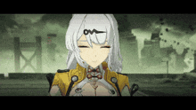 a pixel art of a girl with white hair and a yellow outfit