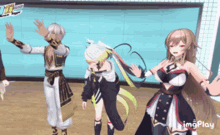 a group of anime characters are dancing in a room with the words imgplay visible