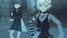two anime girls are standing next to each other in front of a wall with graffiti on it