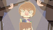 a cartoon drawing of a boy with a box full of school supplies on his head