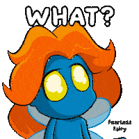 a cartoon of a blue fairy with orange hair asking what