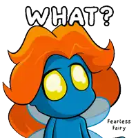 a cartoon of a blue fairy with orange hair asking what