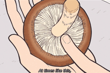 a cartoon drawing of a person holding a mushroom with the words at times like this below it
