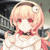 a girl with blonde hair and red eyes is wearing a white sweater and a heart necklace