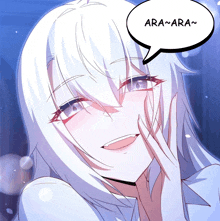 a girl with white hair is smiling with a speech bubble that says ara-ara