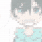 a cartoon of a boy with black hair and a blue hoodie is smiling .