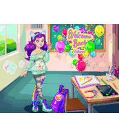 a pixel art of a girl in a classroom with balloons and a welcome back to school sign