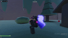 a screenshot of a video game shows a character with a purple r on his back