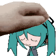 a cartoon girl with blue hair and headphones is being propped up by a person 's hand .