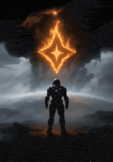 a man in a space suit is standing in front of a glowing diamond