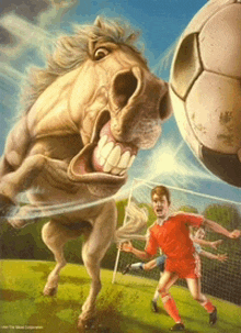 a painting of a horse playing soccer with a man in red