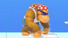 a monkey wearing sunglasses and a red hat is standing on a white surface