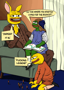 a cartoon of a man sitting in a chair talking to two frogs one of which says " fucking legend "