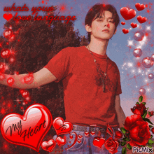 a man in a red shirt is surrounded by red hearts and a red heart that says " my heart "