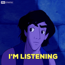 a purple cartoon character says i 'm listening in yellow letters