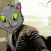 a person wearing a cat mask with green eyes sticking their tongue out