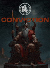 a statue of a spartan holding a spear with the word conviction in the background