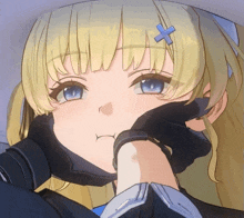 a blonde anime girl with a blue cross on her hair