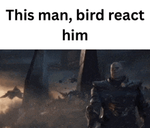 a man in a suit is standing in front of a crowd of people and a bird is flying in the background .