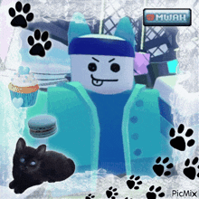 a picture of a cartoon character with paw prints and a mujah logo in the corner